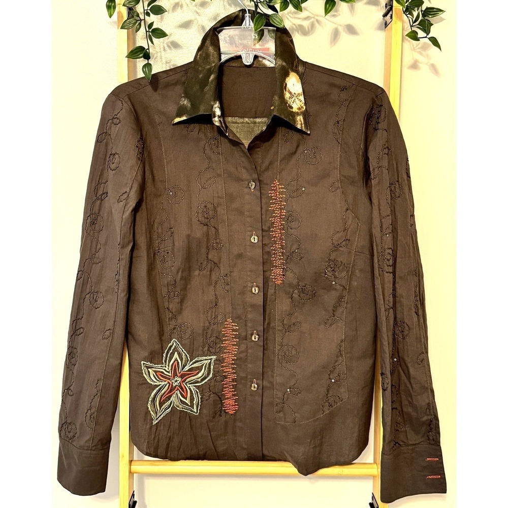 Taifun Womens Brown Embroidered Floral Button Up Shirt Long Sleeve Size 6 US EUC